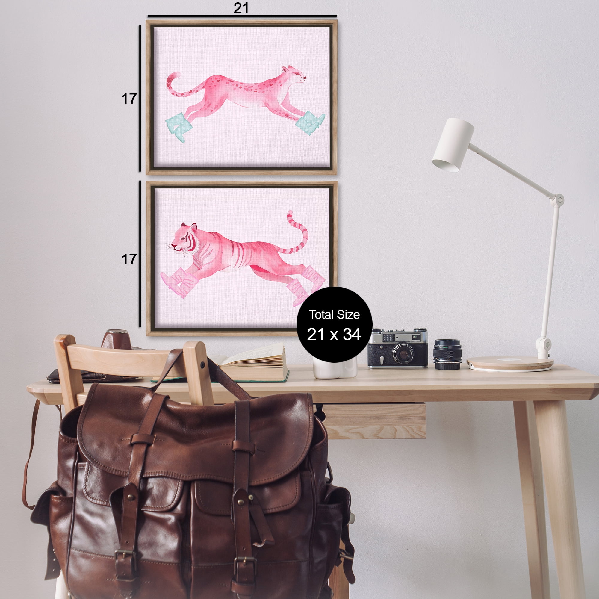 Stupell Industries Sprinting Jungle Animals in Boots Animals Painting Brown Floater Framed Canvas Art Print Wall Art, 21 x 17, Set of 2