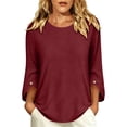 thumbnail image 4 of ClodeEU Women's Crew Neck 3/4 Sleeve Blouse,Solid Casual Loose Fit Basic Top Wine,Women's Plus L, 4 of 7