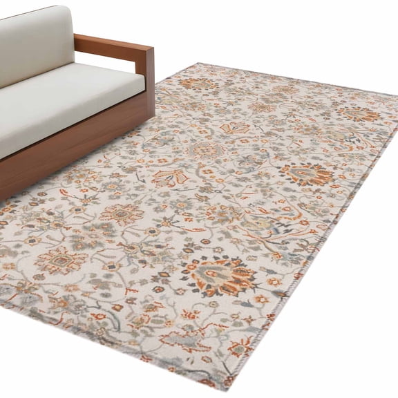 Boho Vintage Washable Area Rug 3 x 5 ft Tribal Style Flowers , Soft Non Slip Rugs Stain Repellent Indoor Felt Carpet for Living Dining Room Bedroom Home Office