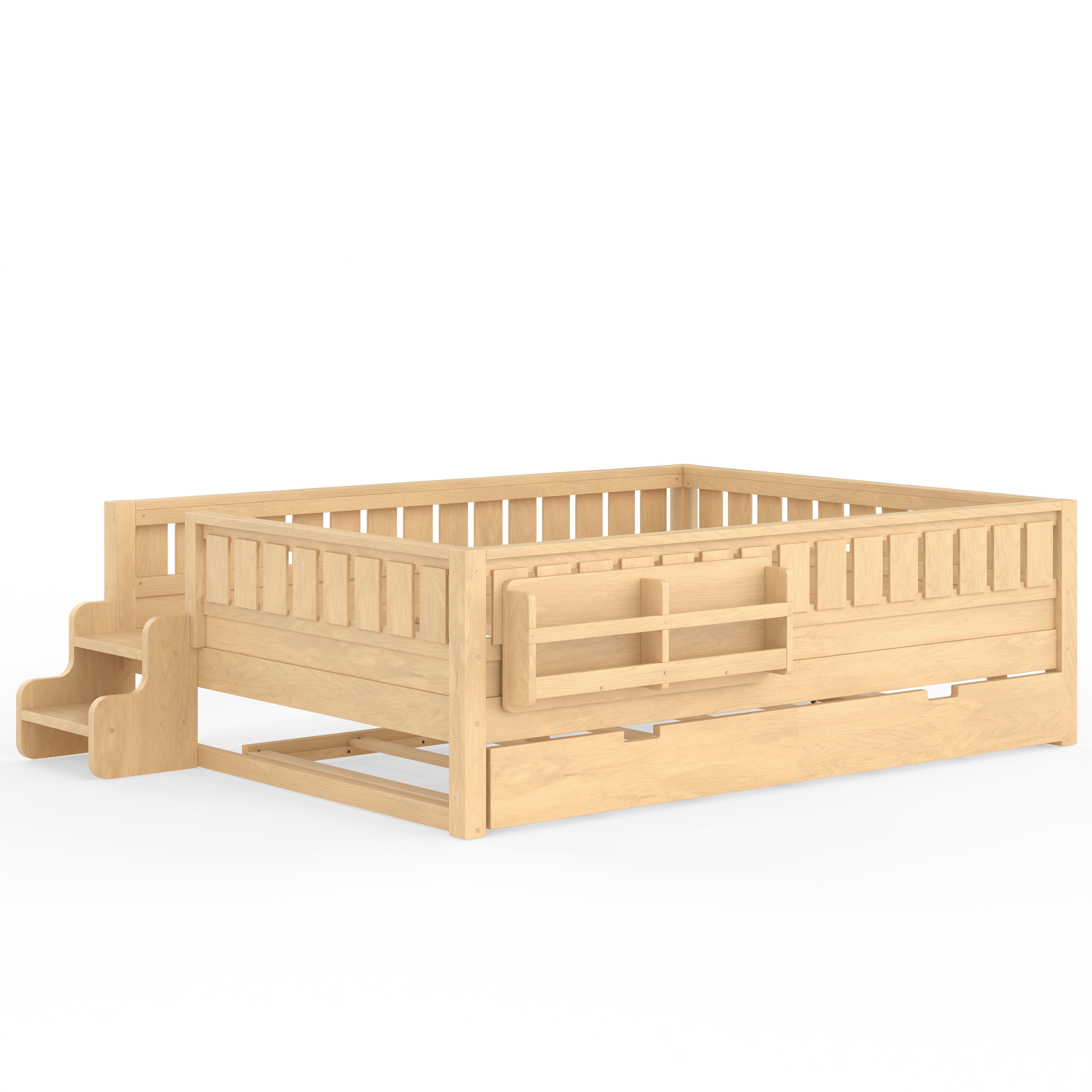 Queen Bed with Bookshelf and Trundle 83.8 Inch, Solid Wood Frame with Staircase and Safety Rails, Space-Saving Kids Bed with Storage, Light Natural