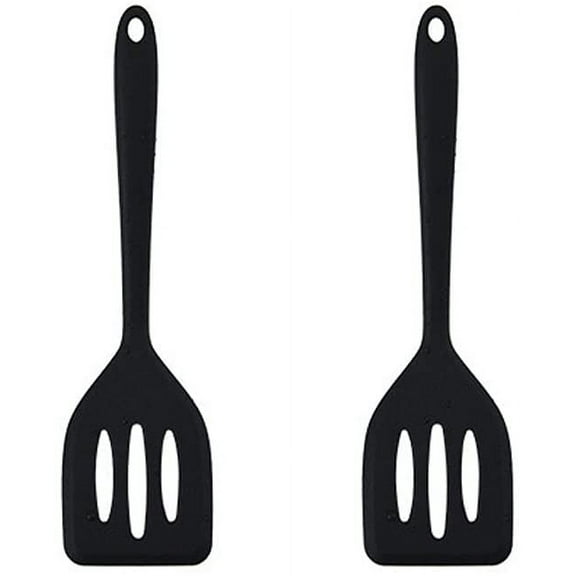 2Pack Small Silicone Turner High Heat Resistant Slotted Spatula for Fish, Eggs, Pancakes and More (Color: Black)