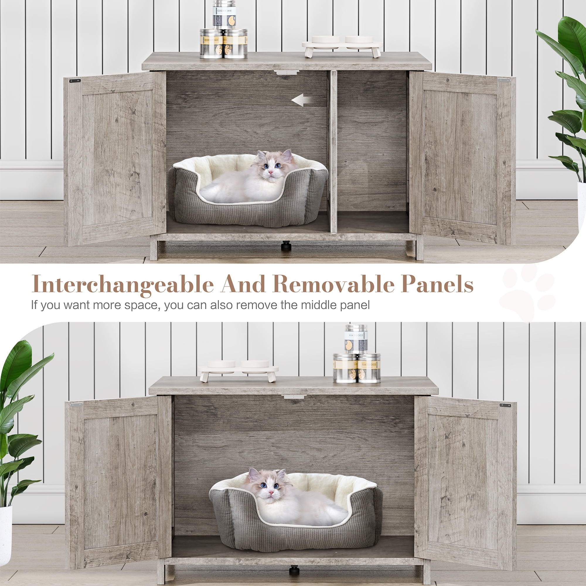 Walsunny Hidden Cat Litter Box Cat Washroom with Double Removable doors and Divider Indoor for Living Room Gray