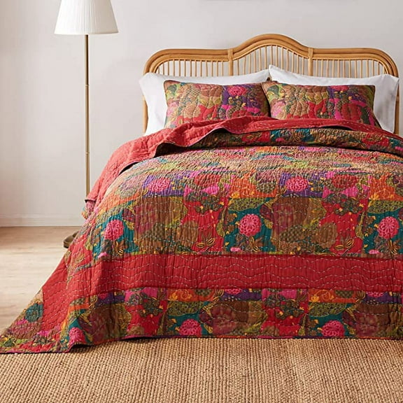 Greenland Home Fashions Jewel Kantha-Style Cotton Reversible Bedspread Set, Multi, 3-Piece Queen