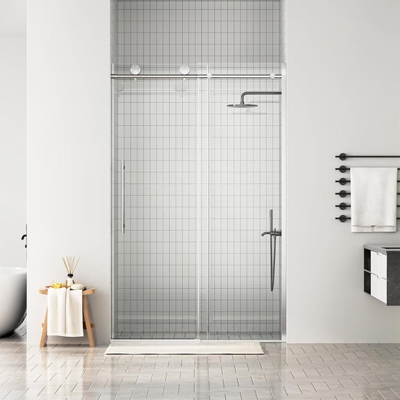 WinZo Frameless Shower Door 44-48 in W x 75 in H, Sliding Shower Door with 5/16"(8mm) Clear Tempered Glass Shower Door, Easy to Clean Bathroom, Silent Soft-Close Design, Brushed Nickel