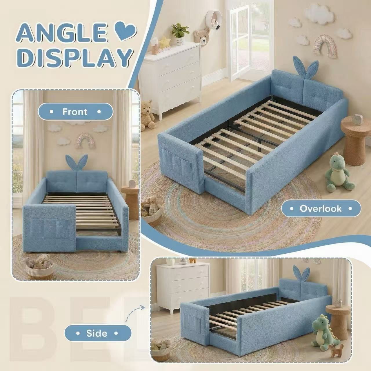 AISWORD Twin Size Kids Bed, Rabbit Ear Headboard, Upholstered Daybed with Slat Support & Side Pockets, Space-Saving Wooden Corner Sofa Bed, Blue