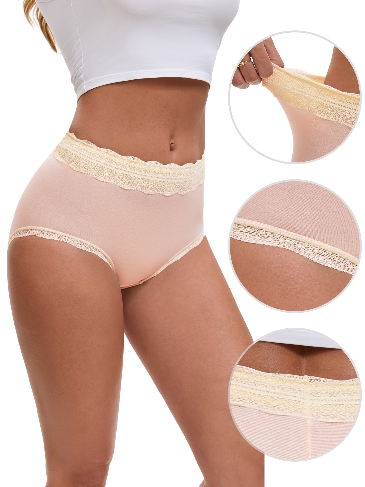 DARING DIVA Women's High Waisted Lace Trim Briefs Full Coverage Panties L Pink