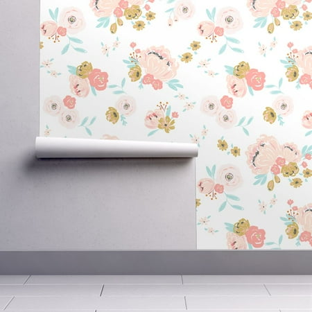 Pink Toile Wallpaper - Peel-and-Stick Removable Wallpaper Blush Pink Bouquets Girls Nursery Floral