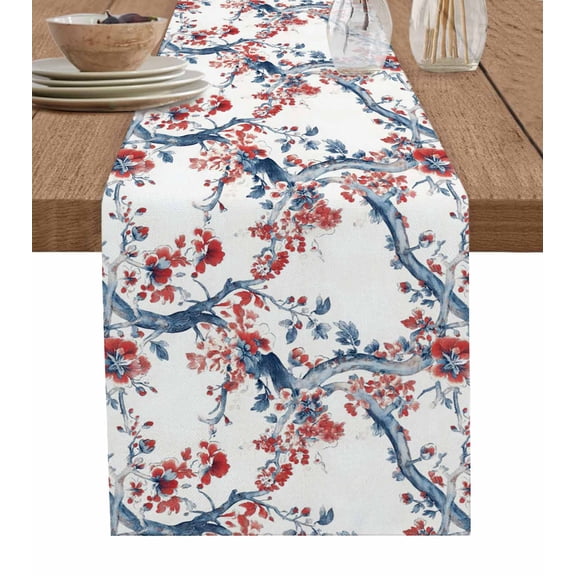 Summer Red Floral Table Runner 48 Inches, Botanical Watercolor Flower Branch Bed Runner Dresser Scarves Tabletop for Indoor Outdoor Parties/Ceremony/Banquet, 13" x 48"