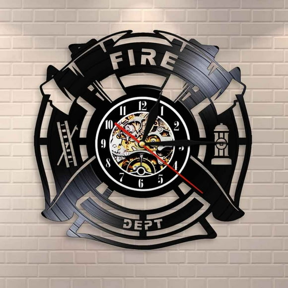 Fire & Rescue Fire Dept Sign Decoration Wall Clock Firefighter Vinyl Record Wall Clock Man Cave Firemen Decorative Clock Watch