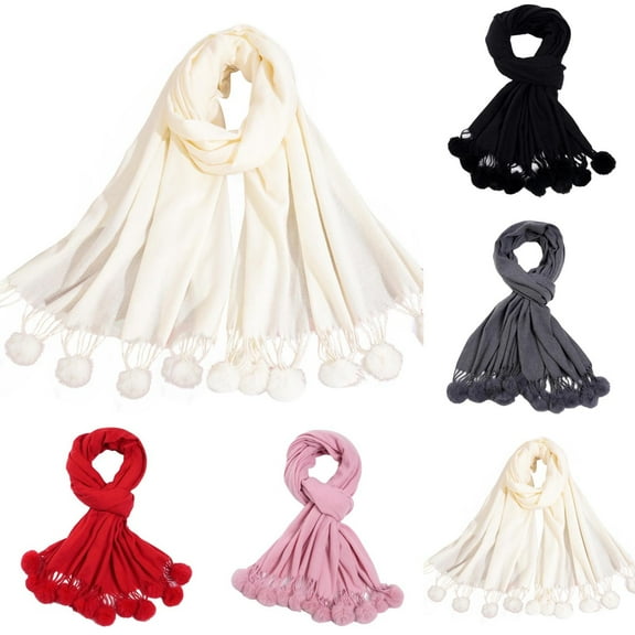 UTSJKR Women's Warm Scarf Cute Soft Fashion Travel Fringe Shawls and Wraps Dinner Lightweight Pashmina with Pom Pom Trim Black
