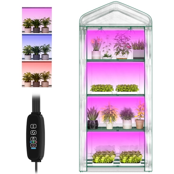 Sunyrisy 4-Tier Mini Greenhouse with Grow Lights, 27.6x19x63" Small Indoor Plant Stand for Seed Starting, Dimmable Full Spectrum LED, 3/9/12H Timer & PVC Cover