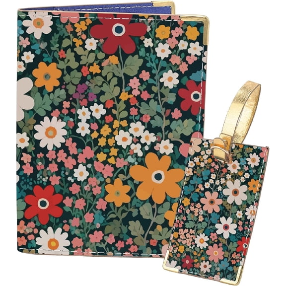 Passport Holder Luggage Tag Floral Passport Wallet Leather Wallet Book Case with Vintage Flowers Print Travel Essentials Organizer Card Protector