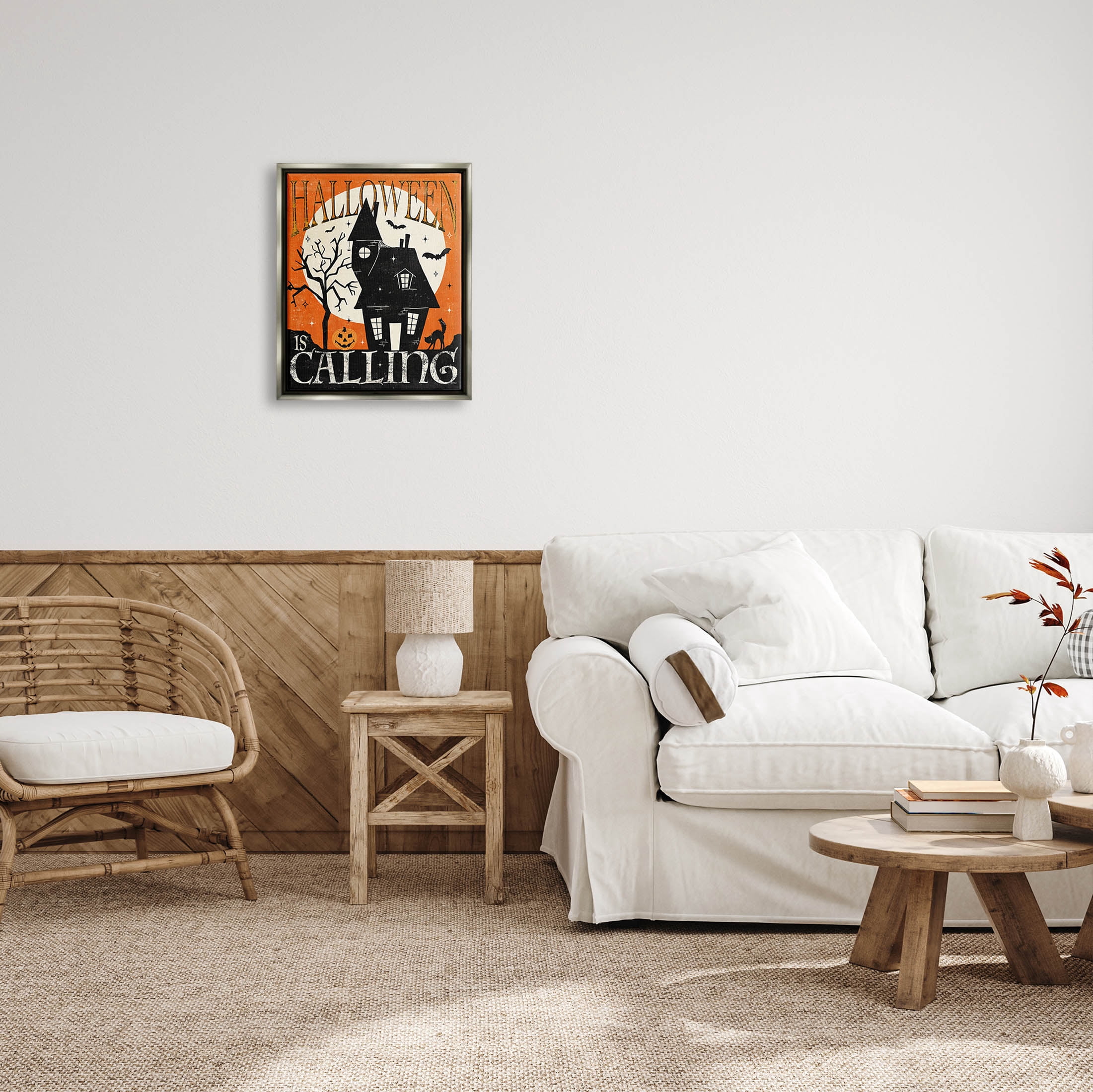 Stupell Industries Halloween Is Calling Haunted House Graphic Art Luster Gray Floating Framed Canvas Print Wall Art, Design by Veronique Charron