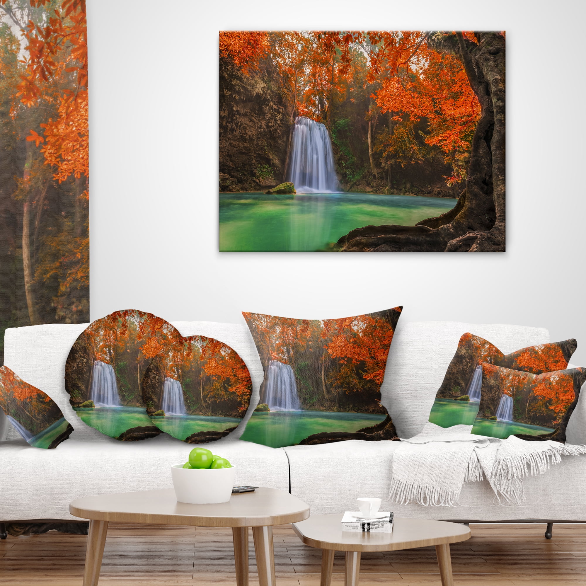 Designart Erawan Waterfall - Photography Throw Pillow - 18x18