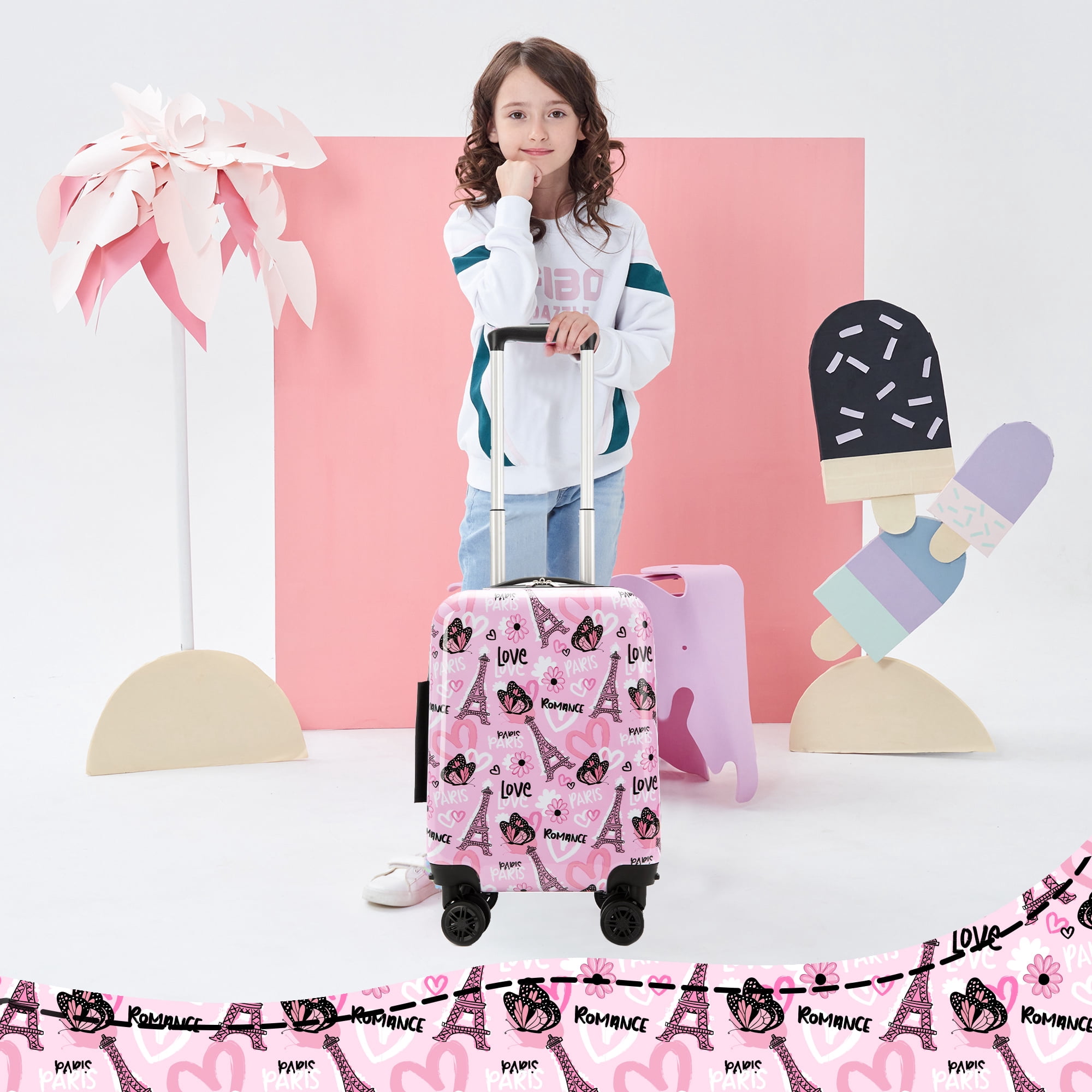 Cute Kids Luggage Sets with Neck Pillow Airplane Small Hardshell Suitcases for Girls with Wheels Pink Suitcase Toddler Travel Essential