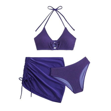 Arnsht Women s Summer Solid Color Beach Vacation Bikini 3 Piece High Waisted Bikini Set Swimsuit Bathing with Cover Up Purple S
