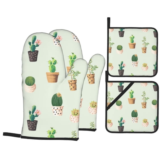 YFYANG Oven Mitts and Pot Holders Sets 4 Pieces, Non-Slip Heat Resistant Cactus Plants Pots Flowers Pattern Kitchen Glove Pot Mat for Cooking and Baking