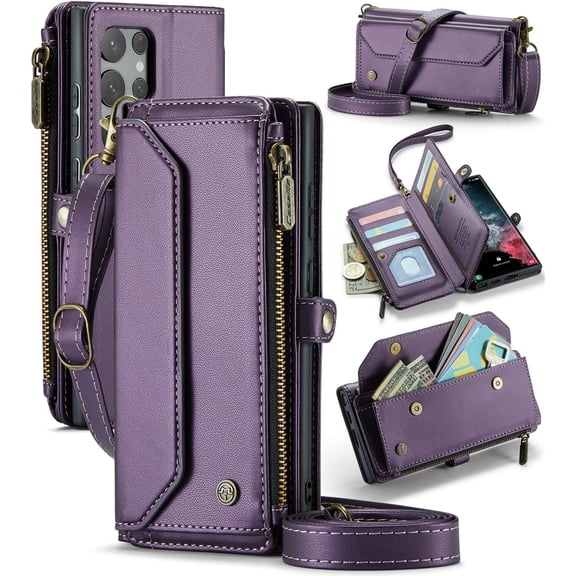 Wallet Case Compatible with Samsung Galaxy S22 Ultra 6.8" RFID Blocking 10-Card Holder PU Leather Magnetic Snap Shoulder Strap Zipper Pocket Phone Case Fit for Samsung Galaxy S22 Ultra