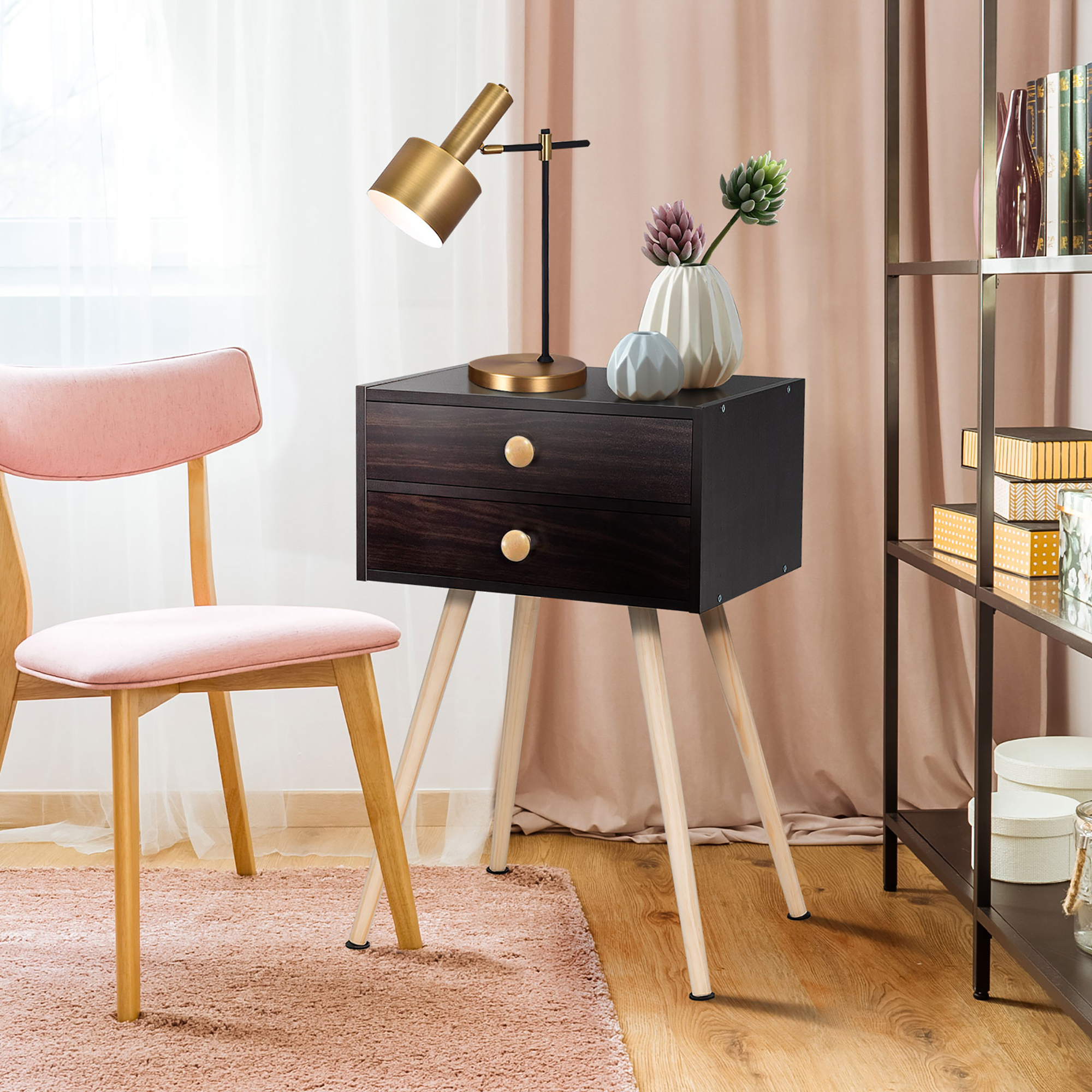 Costway Mid Century Modern 2 Drawers Nightstand Sofa Side Table End Table Espresso