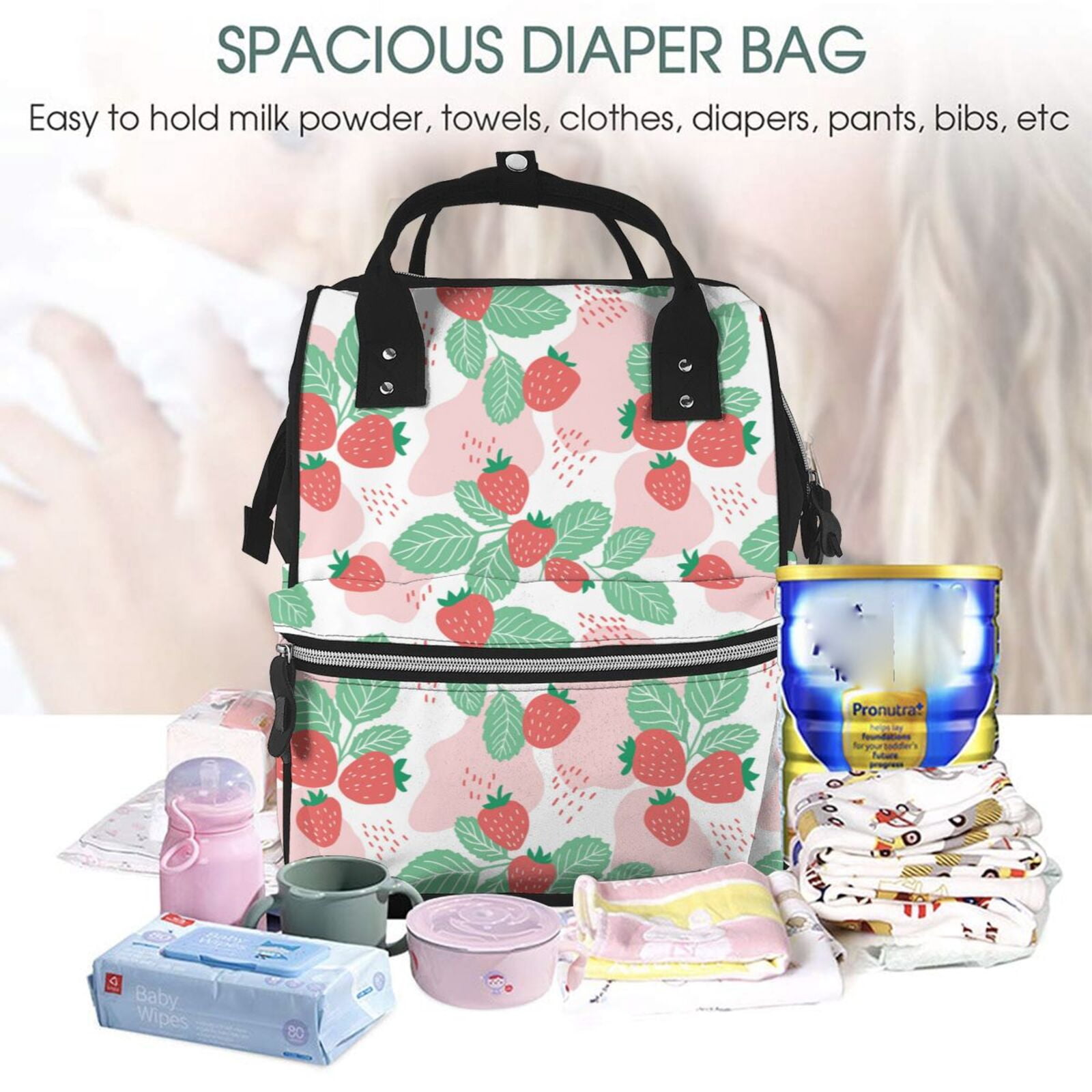 Fuzoiu Strawberry Print Diaper Bag Backpack,Baby Essentials Travel Tote,Multi function Waterproof Diaper Bag, Travel Essentials Baby Bag - Unisex