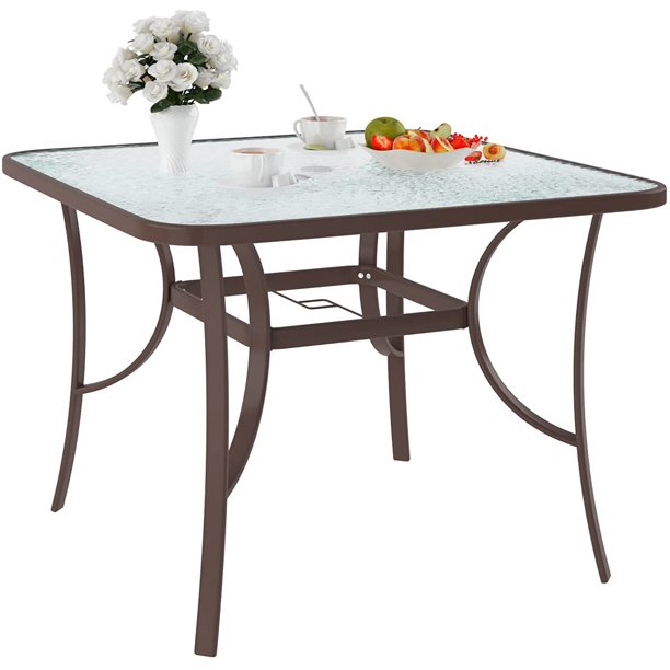 Soges 41inch Outdoor Square Tempered Glass Table Patio Dining Table with Umbrella Hole, All