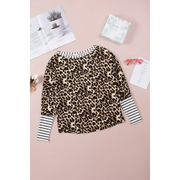ABPHQTO Top de manga larga con patchwork a rayas de leopardo para mujer