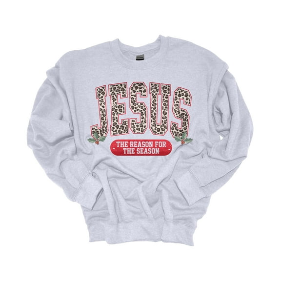 Womens Christmas Sweatshirt Leopard Jesus is the Reason for the Season Festive Holiday Crewneck Sweatshirt-Ash Grey-medium