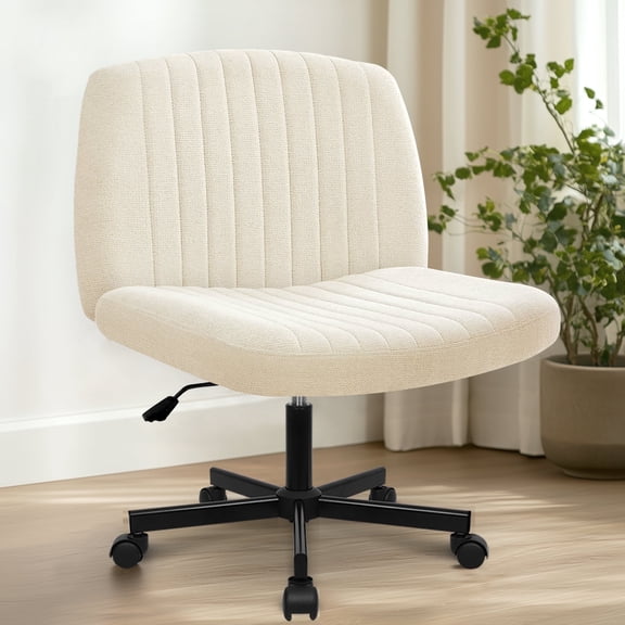 Orange Factory Criss Cross Chair Wheels Wide Cross Legged Office Desk Vanity Chair Comfy Fabric Armless Adjustable Swivel for Home Computer Task (Beige Wheel, Fabric)