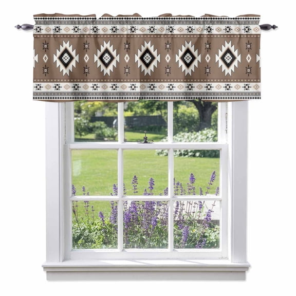 Brown Boho Kitchen Curtain Valances for Windows Farmhouse Short Curtains, Farmhouse Aztec Southwest Ethnic Geometric Rod Pocket Valance Curtain for Bedroom Cafe Living Room 60"x18"