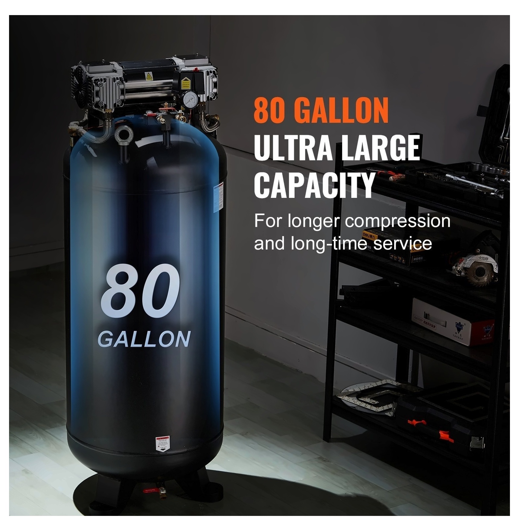 80 Gallon Air Compressor 6.5HP 15.5 SCFM, 2-Stage Oil-Free, 145 PSI - Stationary Industrial Compressor for Workshop, Tire Inflation & Spray Painting