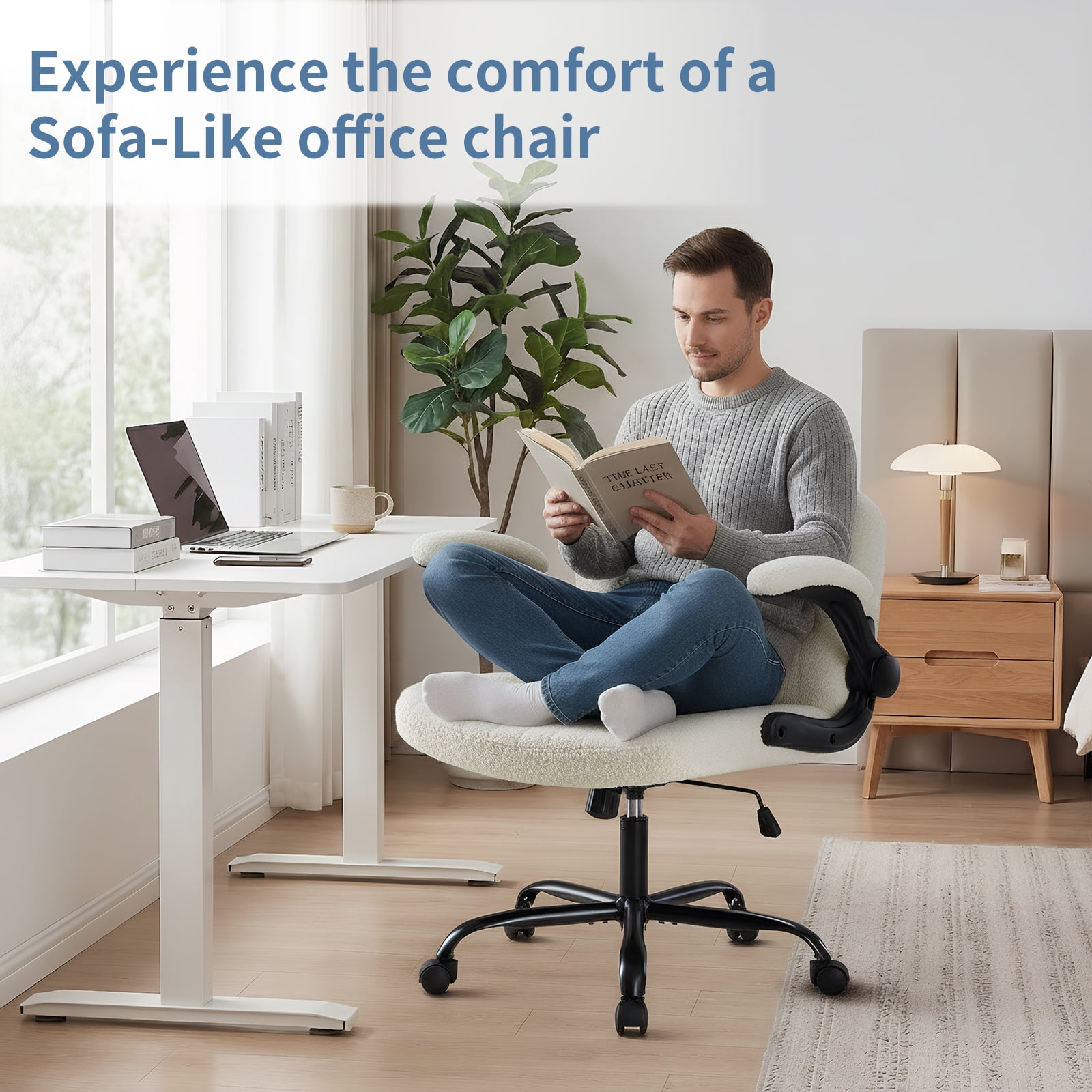 EDX With Armrests Office Chair Cross-Leg Design with Casters, Comfortable Home Dressing Chair, Beige