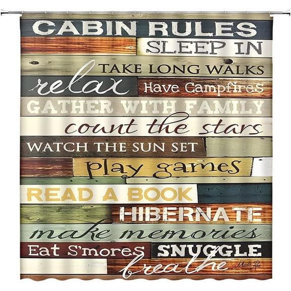 Lake Rules of Cabin Shower Curtain Vintage Wooden Lake Rules Rustic Lodge Funny Inspirational Quotes Plank Camping Retro Farmhouse Bathroom Decor Fabric Curtain with Hooks