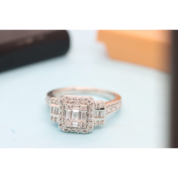 Poshadime Tiered Octagonal & Rectangular Mount Baguette and Round Cut Simulated Diamond Engagement Ring In 14K White Gold Plated, Ring Size-8.5