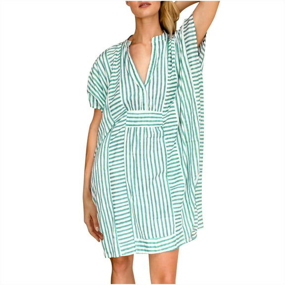 STETMN Women Summer Plus Size Dresses V Neck Short Sleeve Striped Casual Empire Waist Flowy Swing Dress