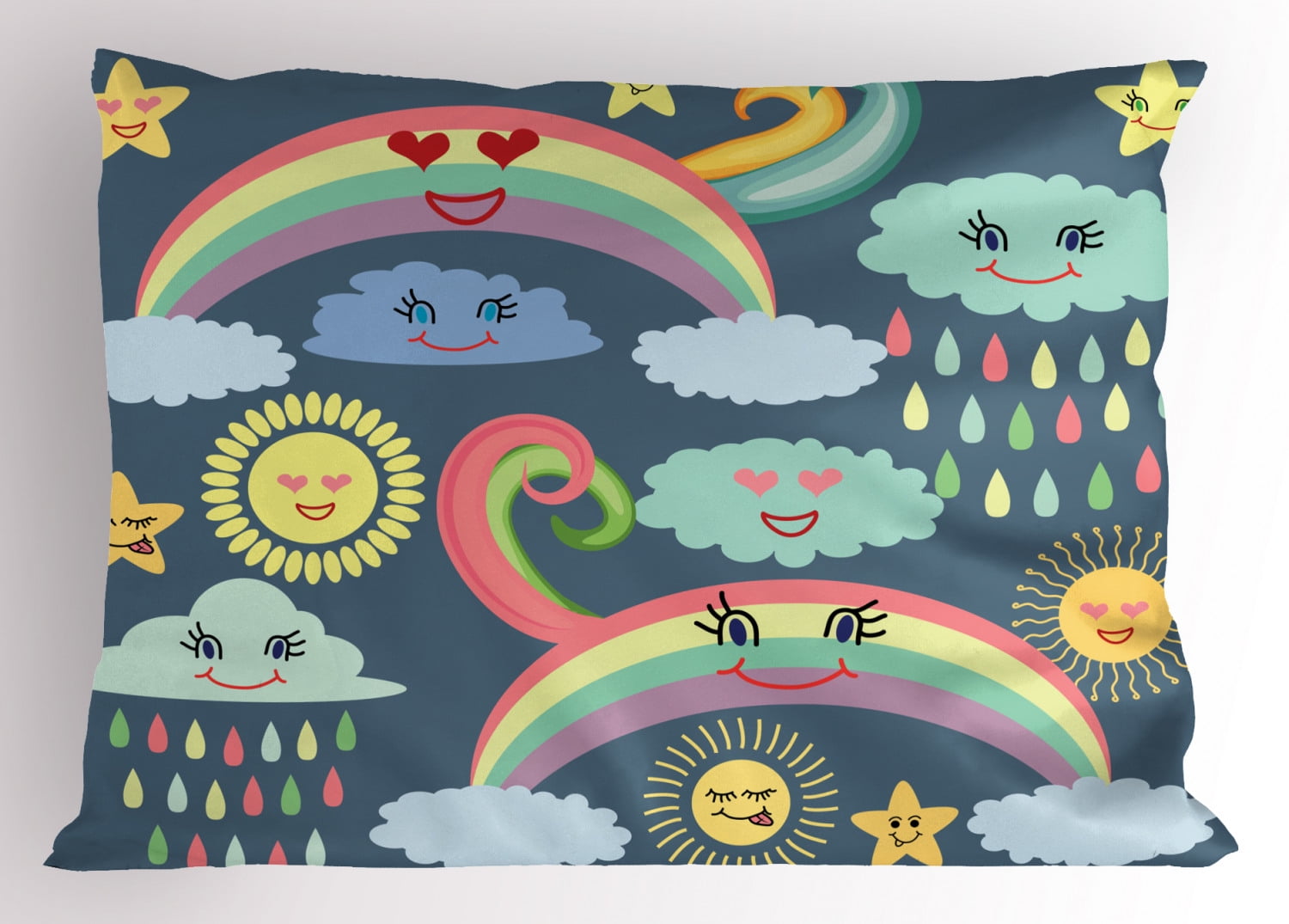 Rain Pillow Sham, Nursery Theme Joyful Weather and Sky Figures Concept Such as Rainbows Clouds