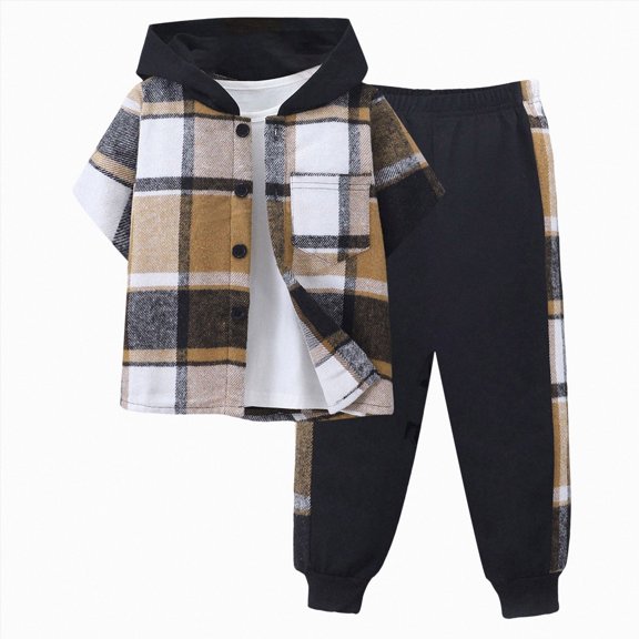 newwalpole 2Pcs Boys Clothes Outfits Plaid Short Sleeve Hooded Button Shirt and Jogger Pants for Kids Spring Summer Pants Set(Khaki, 5-6 Years)