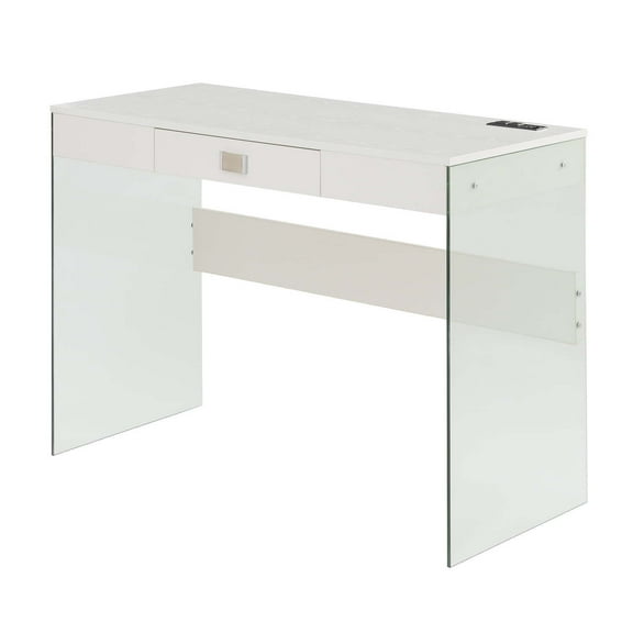 42 Inch Glass Desk with Charging Station - Modern Computer Study Writing Desk with USB Ports & Outlets