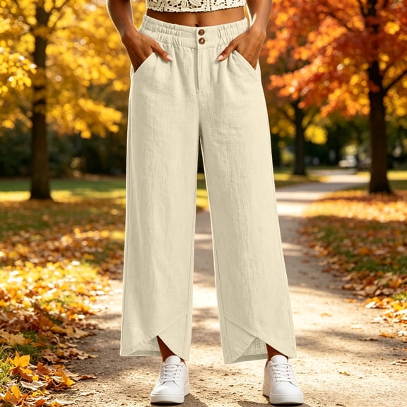 BRELIL Women Plus Size Wide Leg Elastic Waist Lounge Pants with Pockets Casual Solid Streetwear Long Trousers Vacation Travel Fashion Outfits, Beige L