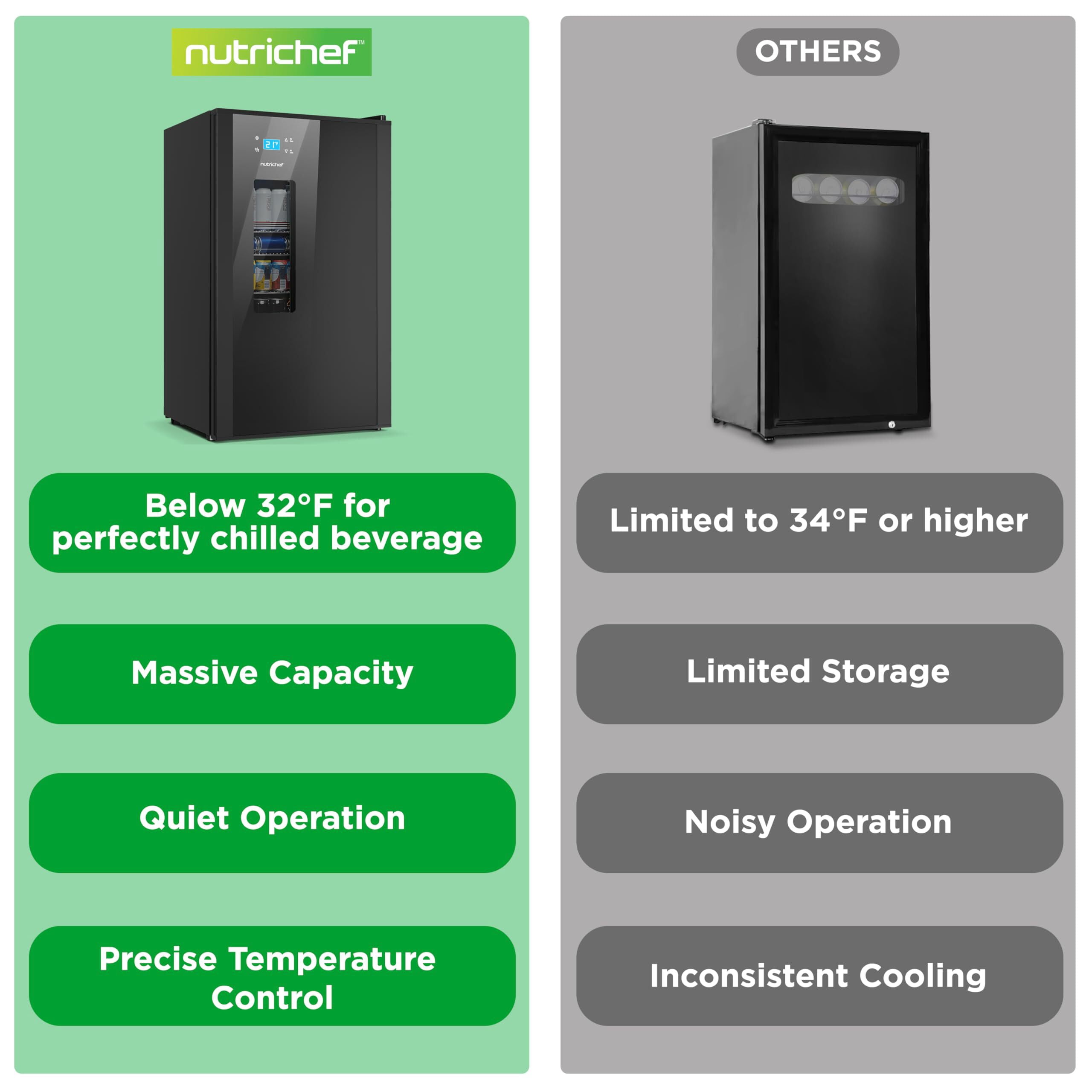 NutriChef NCBEERCL100 Fridge, Freestanding Beverage Refrigerator for Beer and Soda, Adjustable Temperature 21°F to 64°F, 108 Can Capacity-19 x 17 x 33 IN, Black