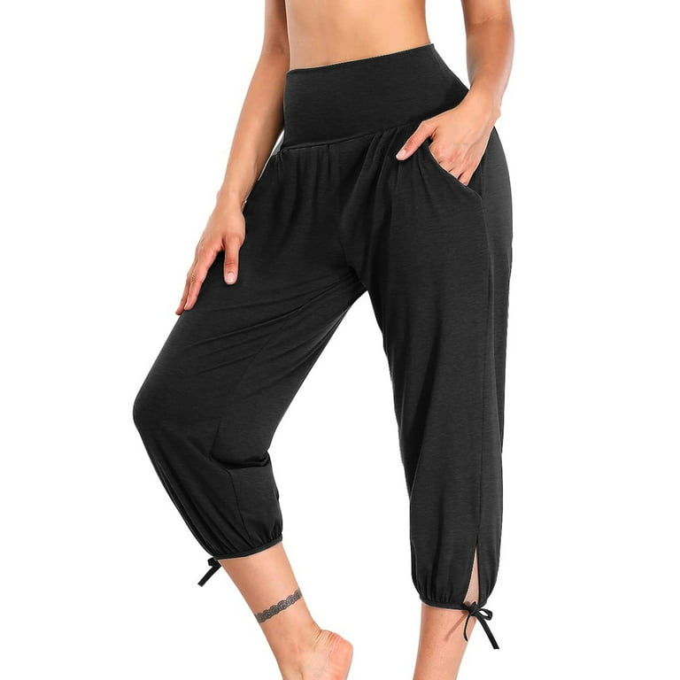 Yoga Capri Pants for Women Stretch Workout Joggers Leggings Capris High  Waisted Solid Color 3/4 Athletic Pants (Large, Blue)