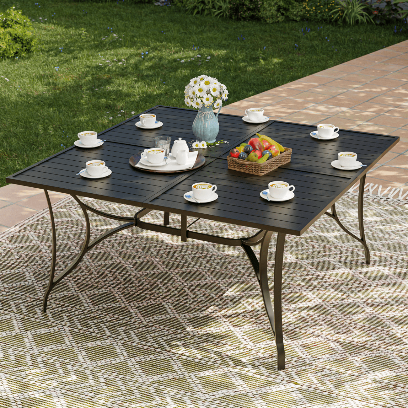 UDPATIO 9-Piece Outdoor Dining Set with High-Back Swivel Padded Chairs & Iron Square Table for 8-Person, Black & Dark Grey