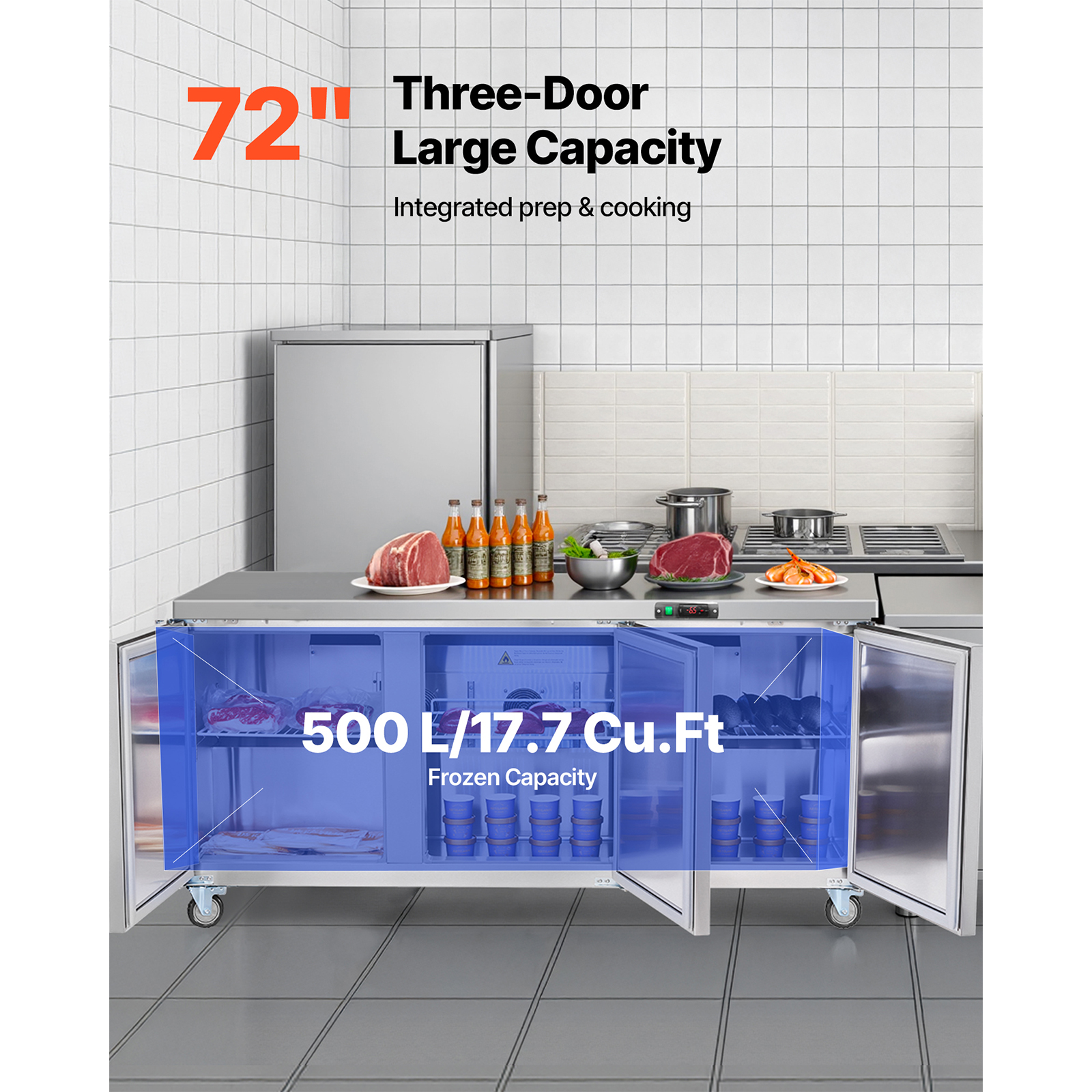 KFFKFF 72" W Commercial Freezer, 17.7 Cu.Ft Worktop Freezer with LED Lighting and Lockable Doors, 3-Door Food Storage and Prep Table, Stainless Steel Freezing Worktable with Casters