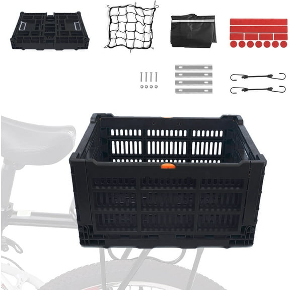 Bike Basket, Foldable 35L Large Capacity Rear Bike Basket, and Durable Bicycle Foldable Rear Basket, Equipped with Waterproof Cover, Fixed Mesh, and Reflective Stickers（Black）