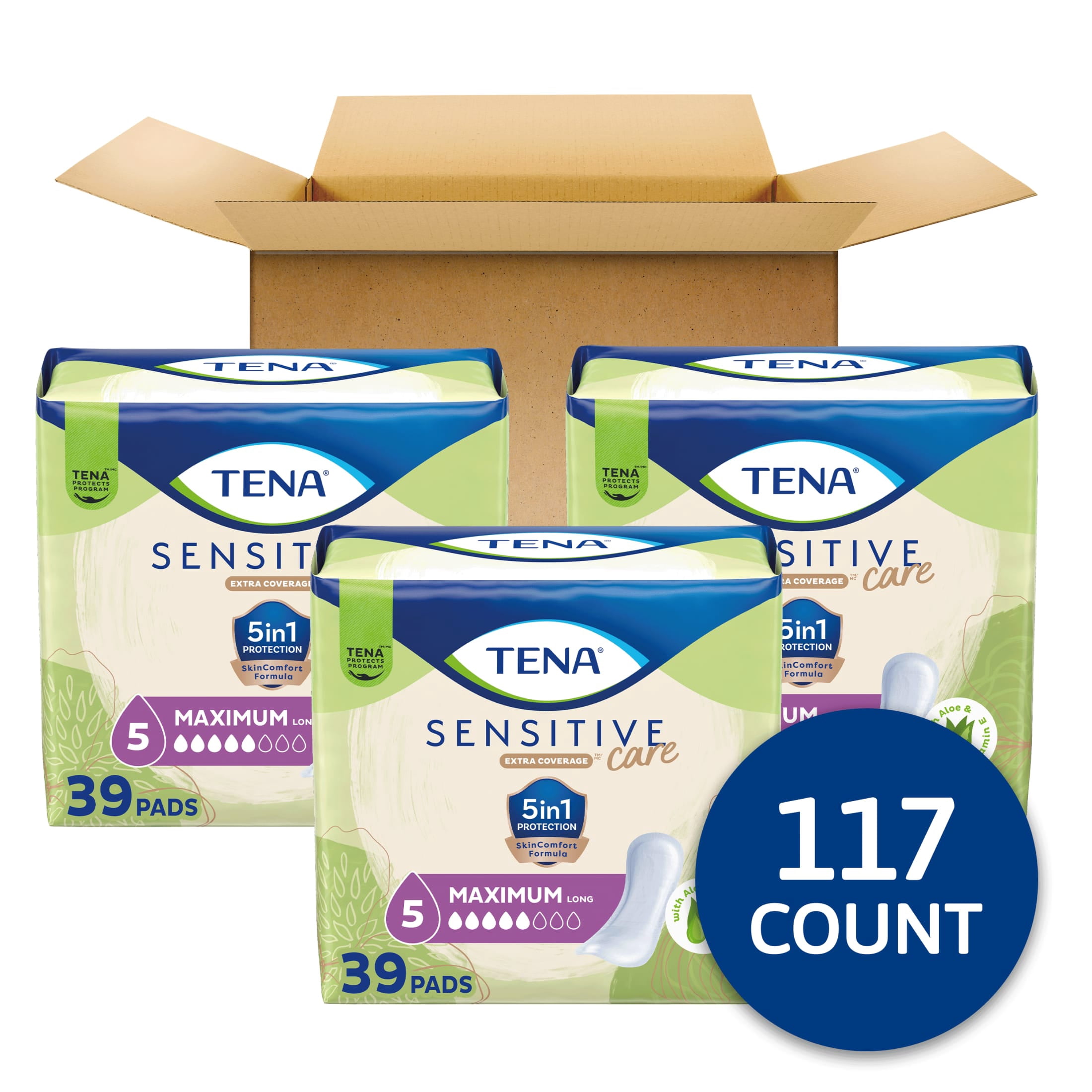 Tena Sensitive Care Maximum Absorbency Long Incontinence Pads for Women, 117 Count