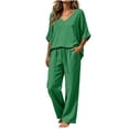 thumbnail image 2 of BRELIL Women's 2 Piece Sets Summer Wide Leg Pants V Neck Short Sleeve Tops Casual Lounge Matching Sets Solid Boho Vacation Travel Outfits Loose Tracksuit, Green XL, 2 of 7