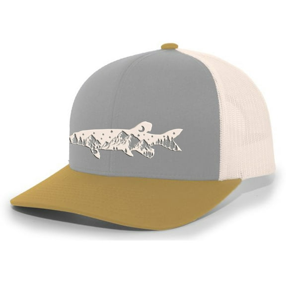 Heritage Pride Freshwater Fish Forest Mountain Scenic Pike Mens Embroidered Mesh Back Trucker Hat, Smoke Blue/Amber/Beige