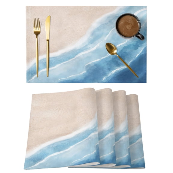 Navy Blue Waves Coastal Placemats Set of 4 Summer Beach Ocean Seaside Place Mats Indoor Wipeable Table Mats Washable Cloth Dining Table Placemats for Kitchen Holiday Party Home Decor 13x19 Inch