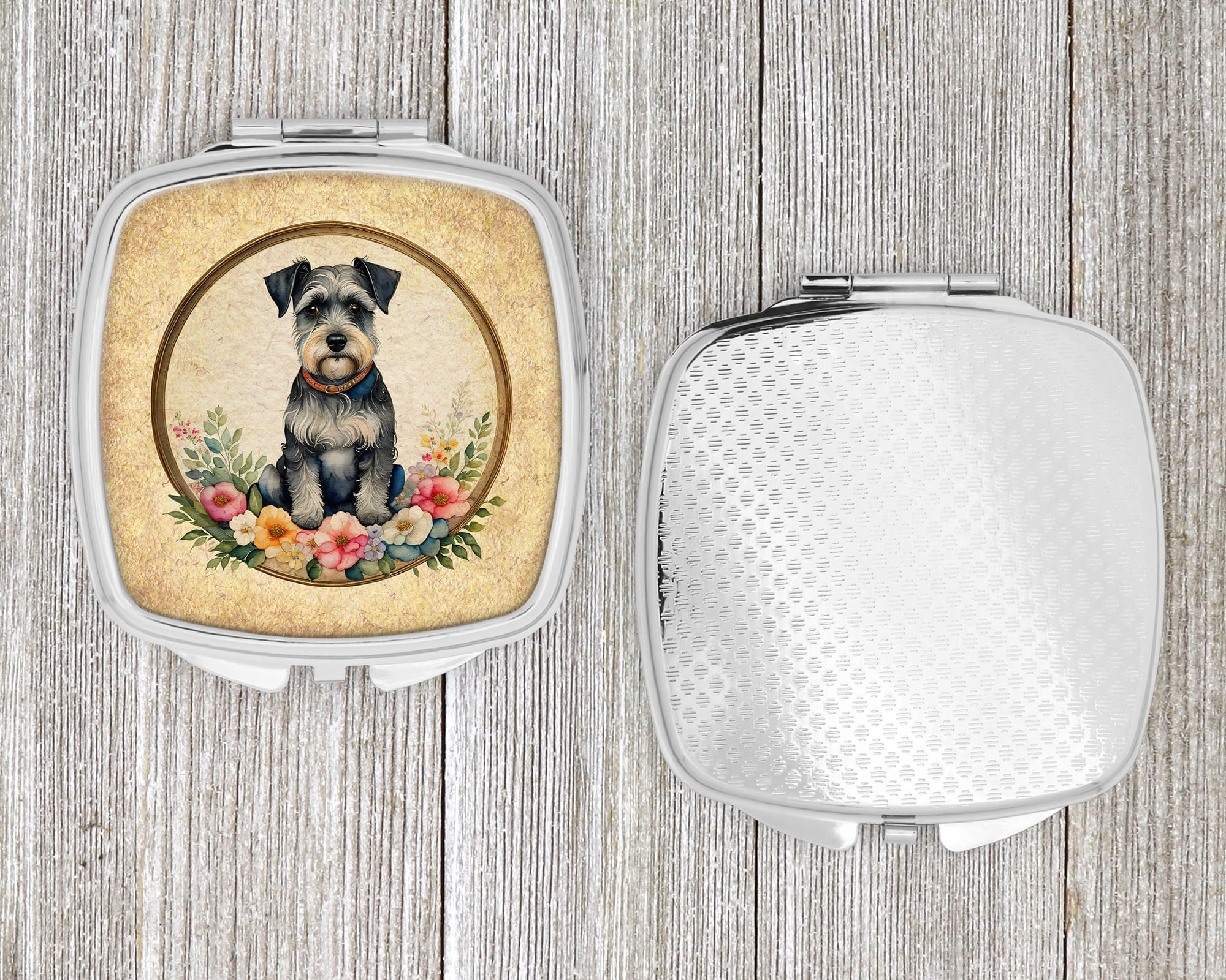 Schnauzer and Flowers Compact Mirror 2.75 in x 3 in