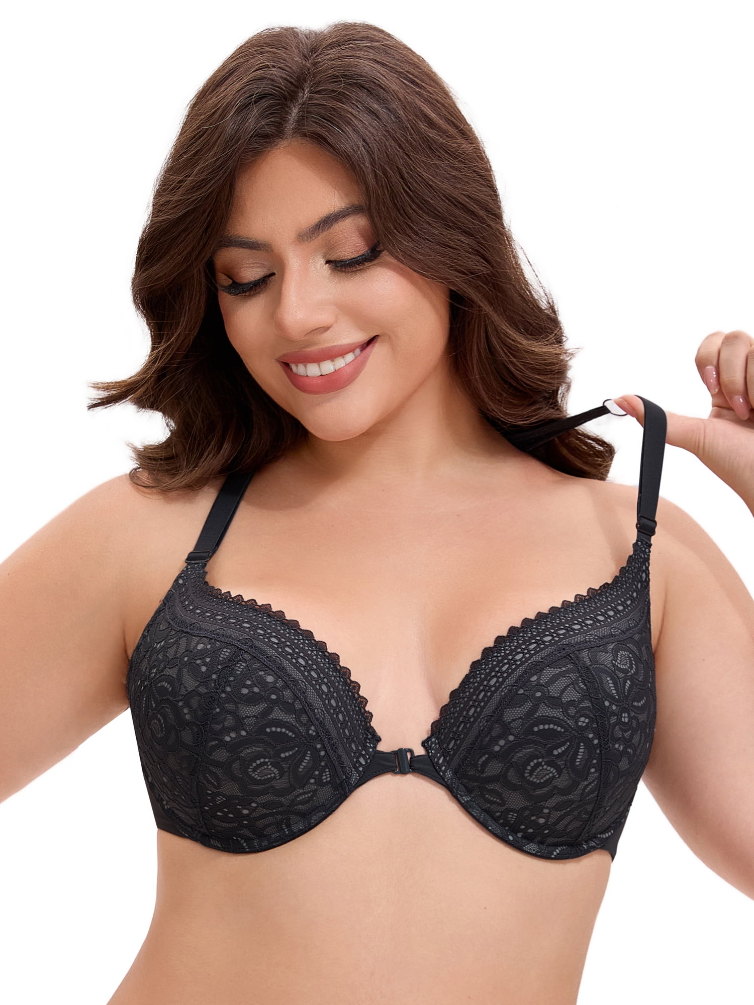 Unique Bargains Women's Lace Front Closure Push Up Underwire Bras Black 40 C