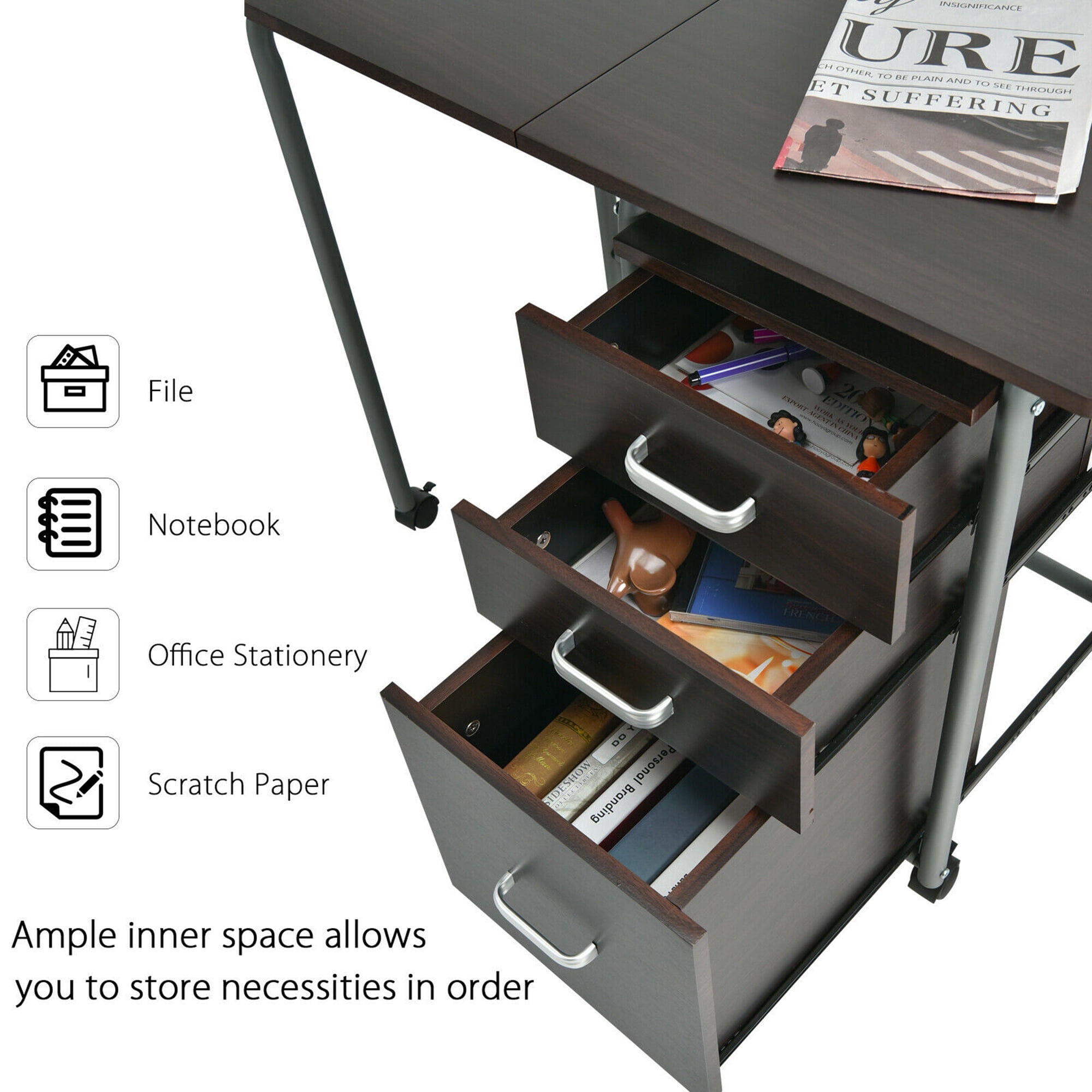 Gymax Folding Computer Laptop Desk Wheeled Home Office Furniture w/3 Drawers Brown